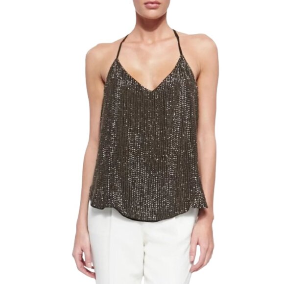 Haute Hippie Tops - Haute Hippie Beaded T-Back Silk Blouse Military Green Dressy Fancy Sequins